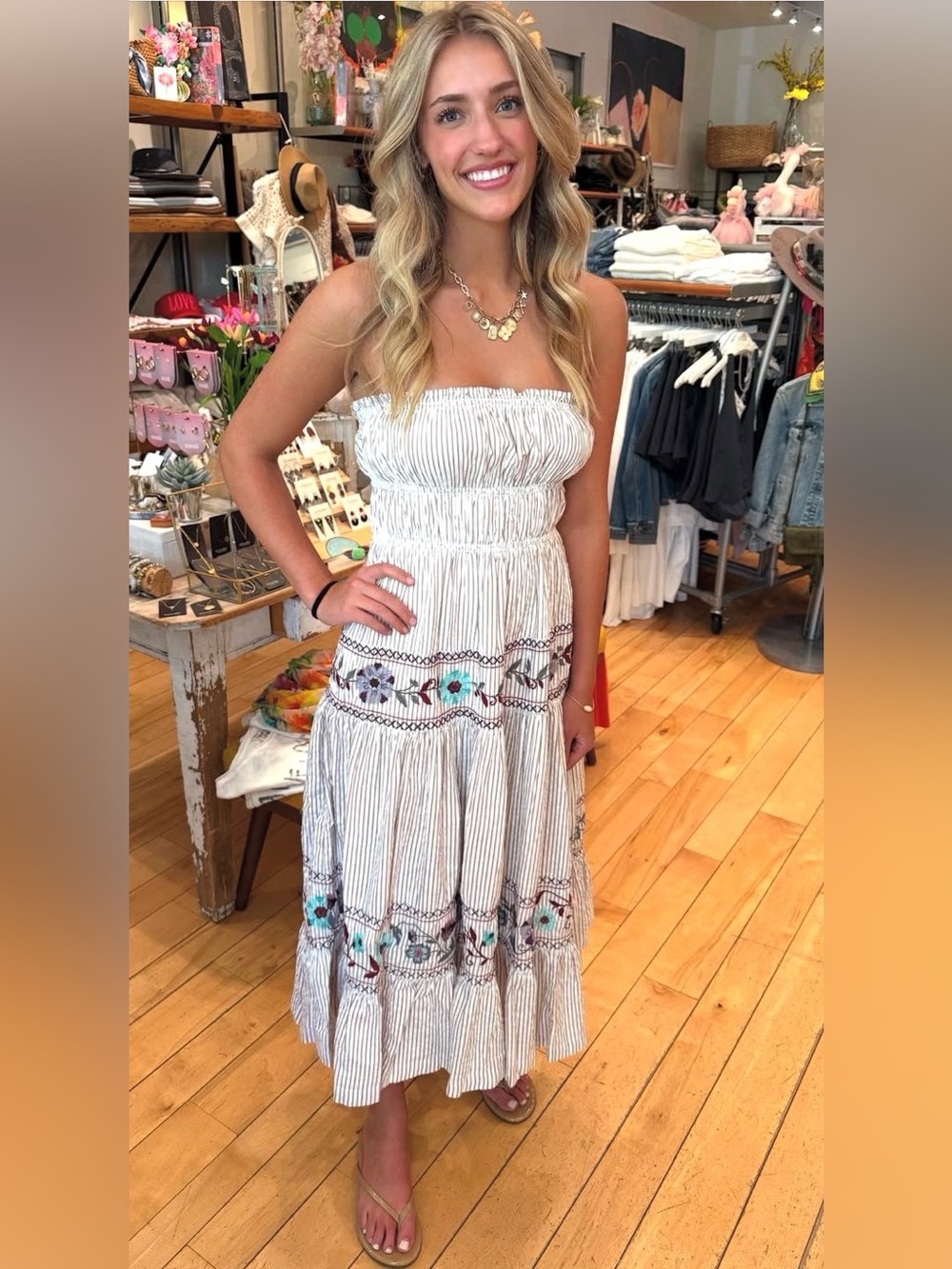 Free Peopla Kalani Ivory Stripe Embroidered Floral Strapless Midi Dress XS
